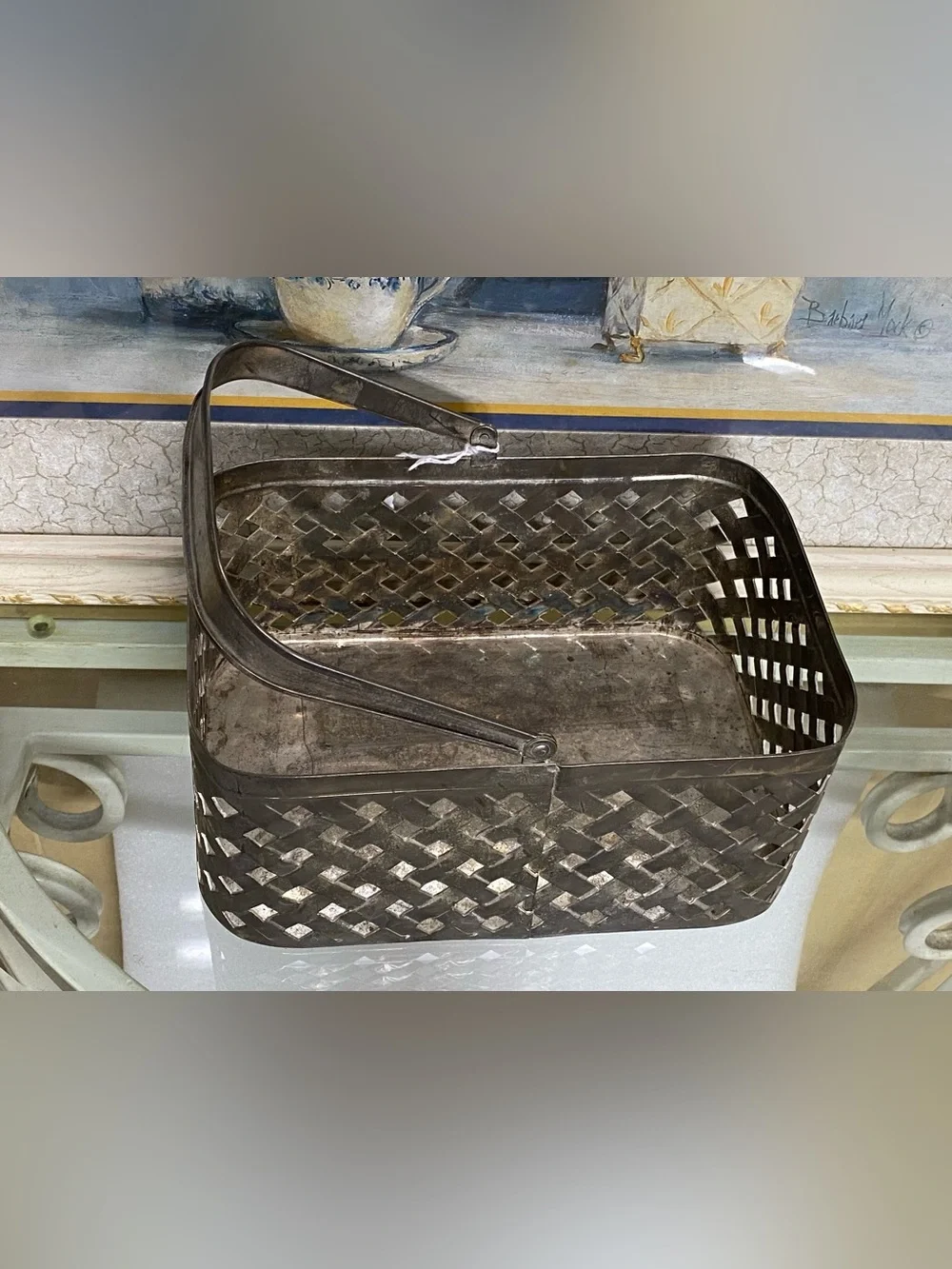 Vintage Silver Plated Metal Woven Basket W/ Handle and Mugs.